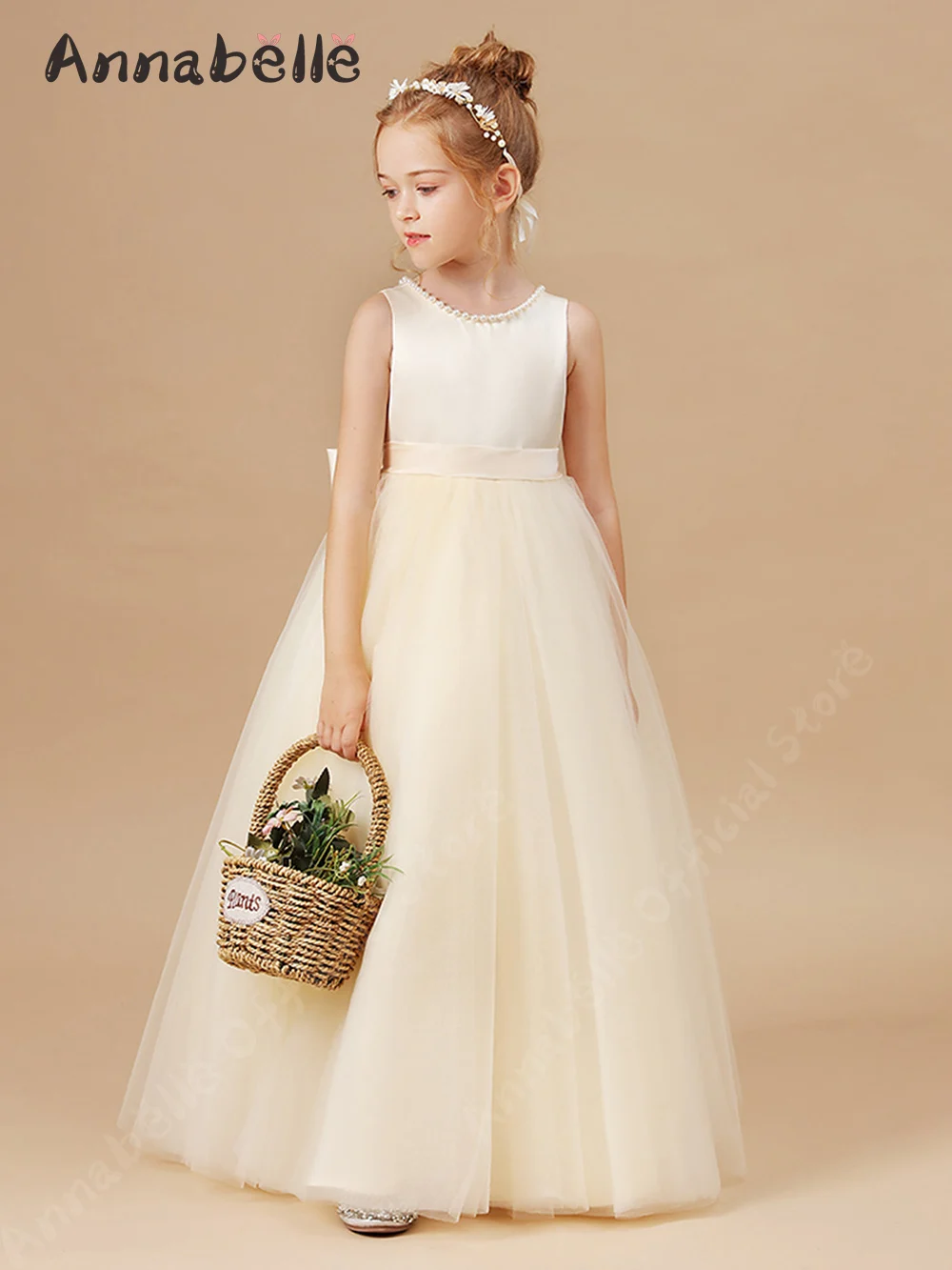 Annabelle Girl's Long Dresses Neckline Pearl Leak Back Bow Belt Girl Ceremony Priness Dress For Wedding