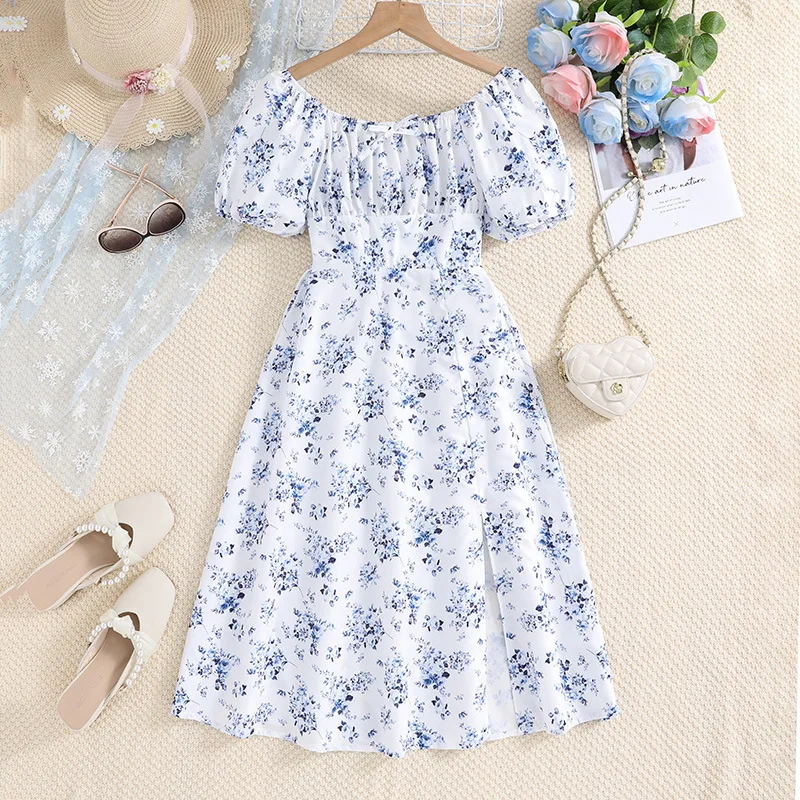 

2024 Summer New Arrival Girls Short Sleeve Print Floral Blue Designer Cute Party Princess Dress Custume 8-12T