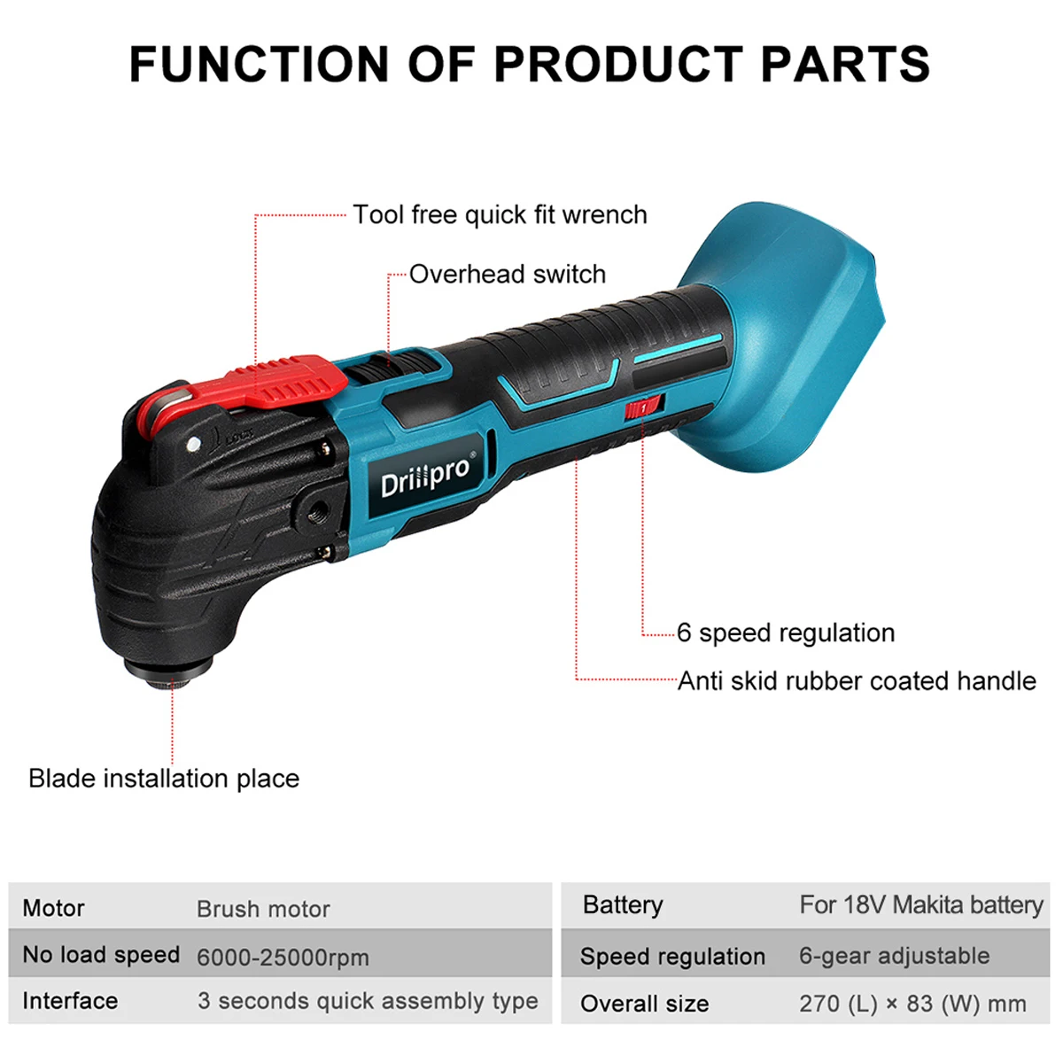 Drillpro Oscillating Multifunction Multi-Tool Variable Speed Renovator Electric Trimmer Electric Tool for Makita  18V Battery