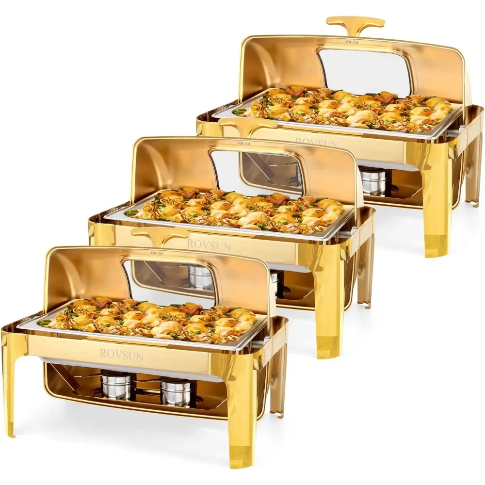 New Upgraded 9QT 3 Pack Roll Top Chafing Dish Buffet Set, Rectangular NSF Stainless Steel Buffet Warmer Chafers