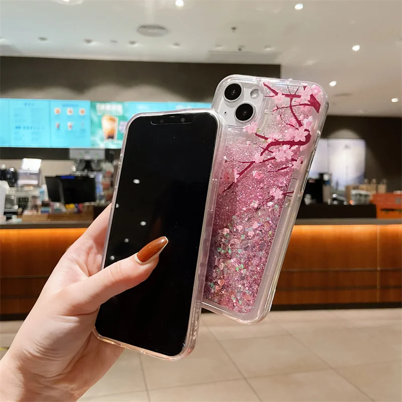 Pink Glitter Quicksand for iPhone 15 Pro Max 13 14 Case Cover Peach Blossom Silicon Coque Liquid Sand Shell Funda Arena Movediza