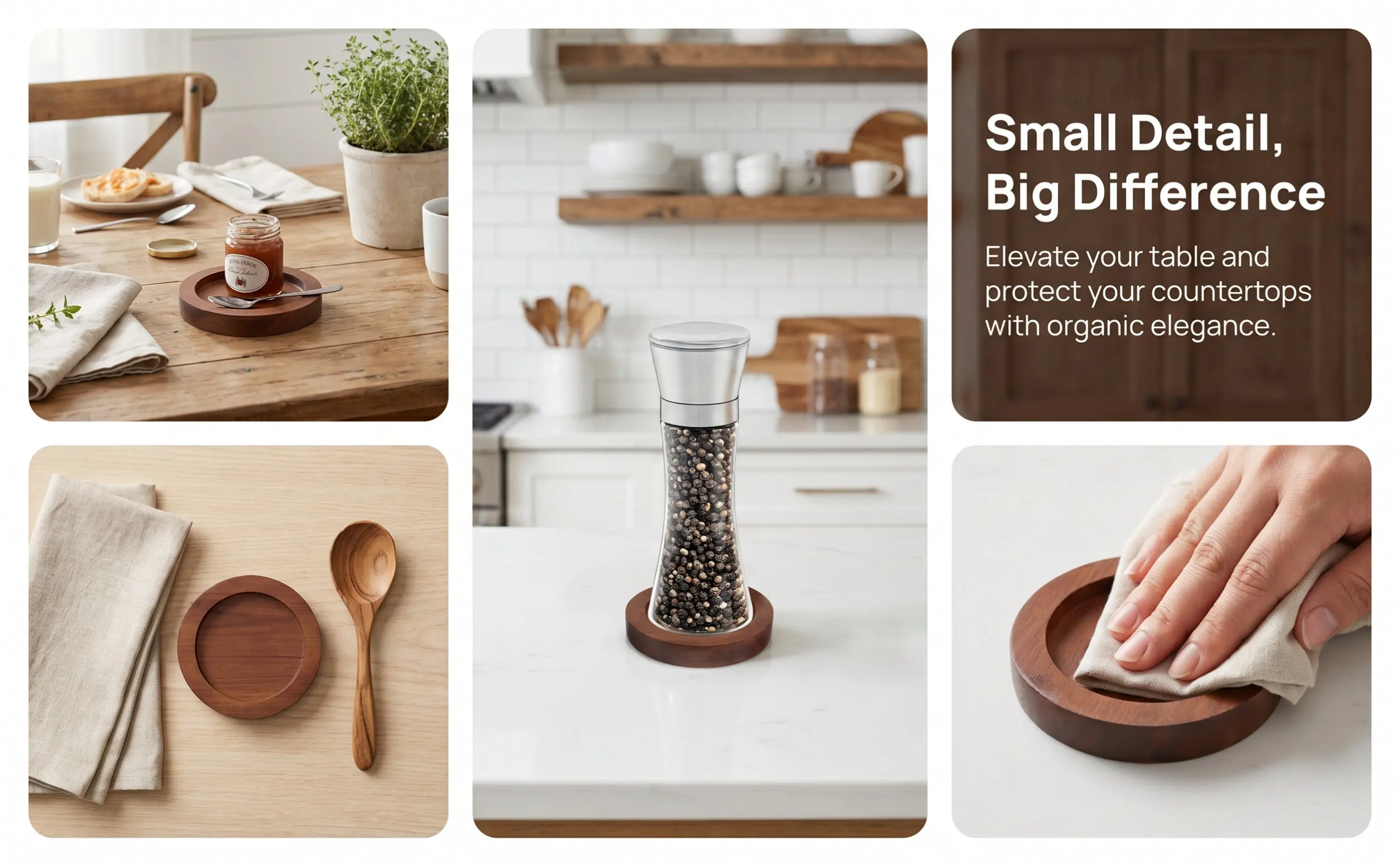 Salt Pepper Mill Base Acacia Wood Round Grinder Stand Manual Spice Jar Holder Kitchen Condiment Tray Grinder Stand