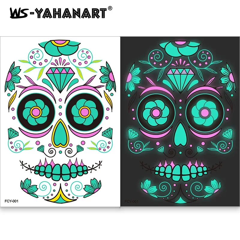 Luminous Skull Face Tattoo Sticker Halloween Day of the Dead Scar Tattoo Sticker Girls Face Dress UP Happy Halloween Party Decor