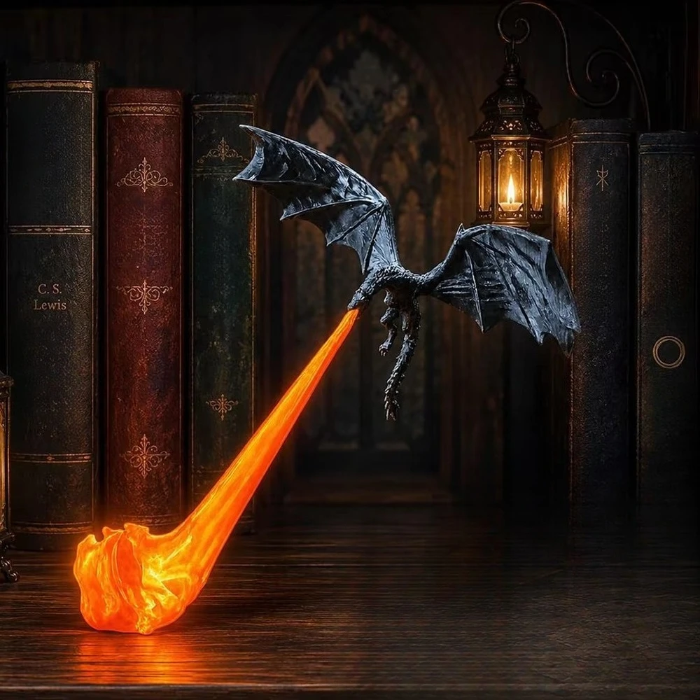 Fire Breathing Dragon Bookshelf Nook Light 3D Printed Flying Dragon Shelf Decor Lover Gift for Halloween Indoor Table Display
