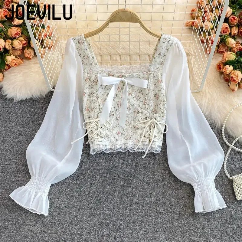 JOEVILU Floral Lace Crop Tops for Women Chic Shirt High Waist Skinny Exposed Navel T-shirt Korean Fashion Y2k Aesthetics Blouse