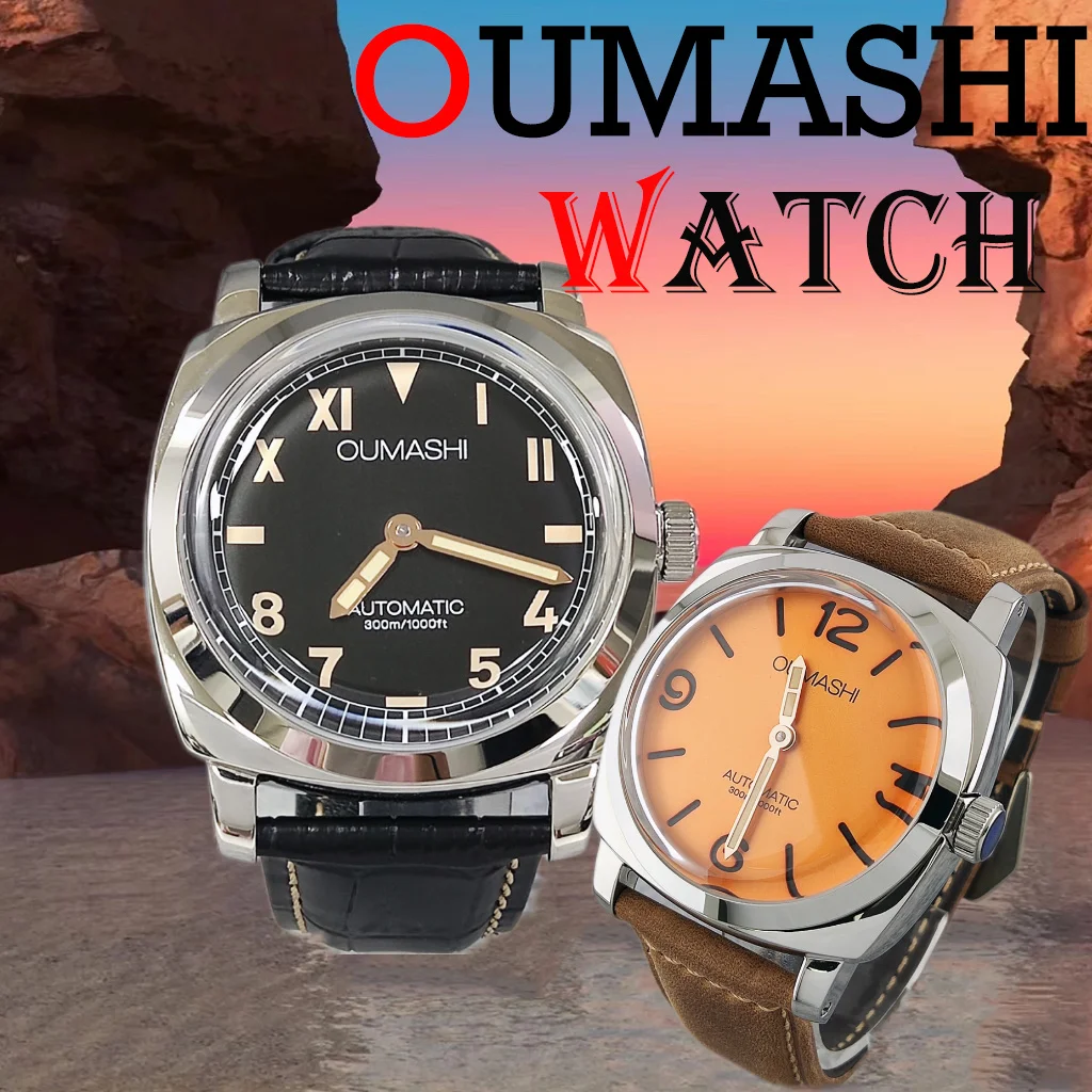 man oumashi 46mm Manual Mechanical Watch ST3600 Movement Two Pin Retro Men\'s Watch Waterproof Intense luminous leather strap