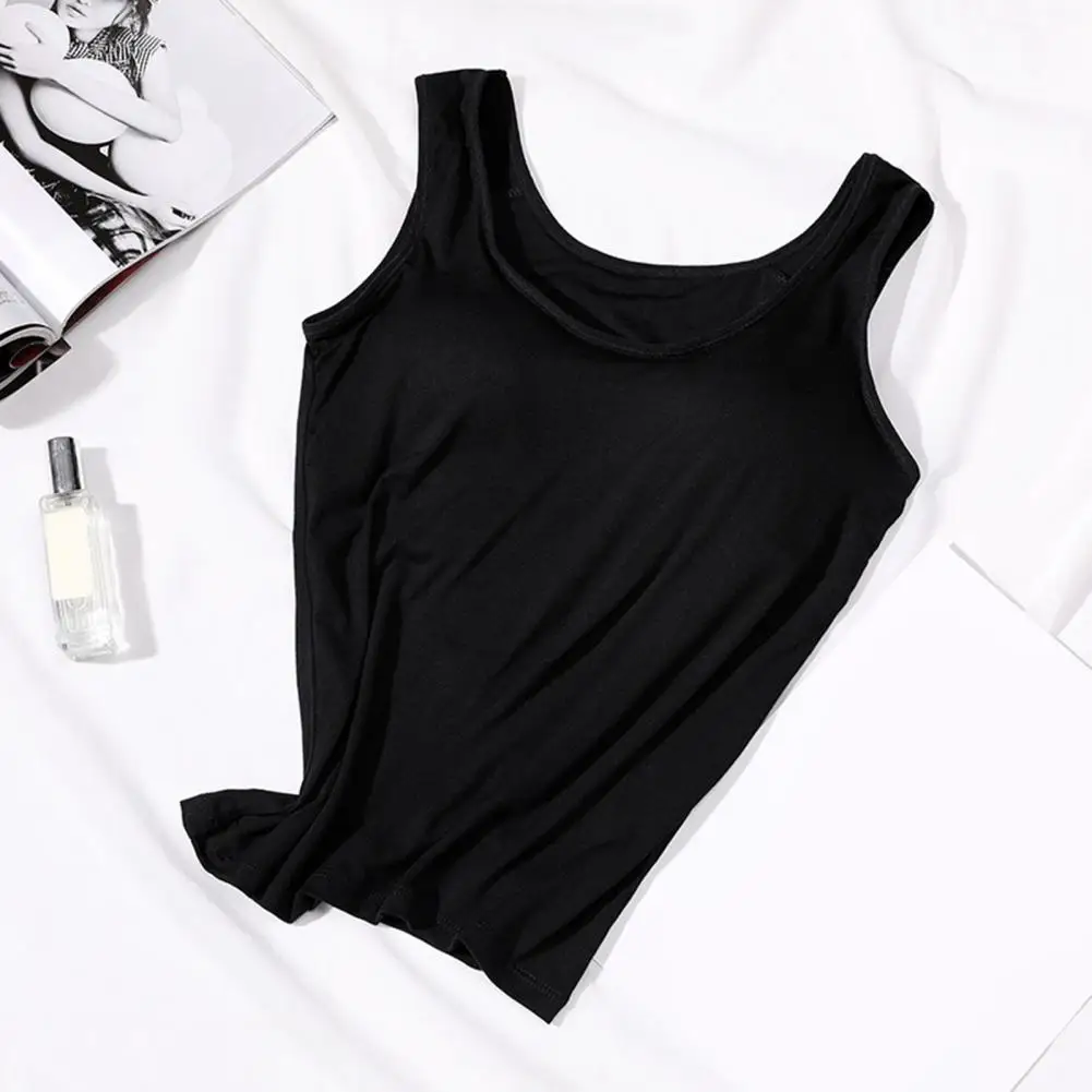 

Sleeveless O-Neck Bottoming Vest Women Wide Shoulder Straps Wire Free Elastic Solid Color Camisole with Bra Pads Streetwear