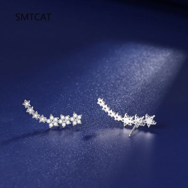 925 Silver Full Moissanite Earrings Climber 7 Star Crawler Stud Ear Cuff for Women Black White Moissanite Jewelry Brincos Gifts