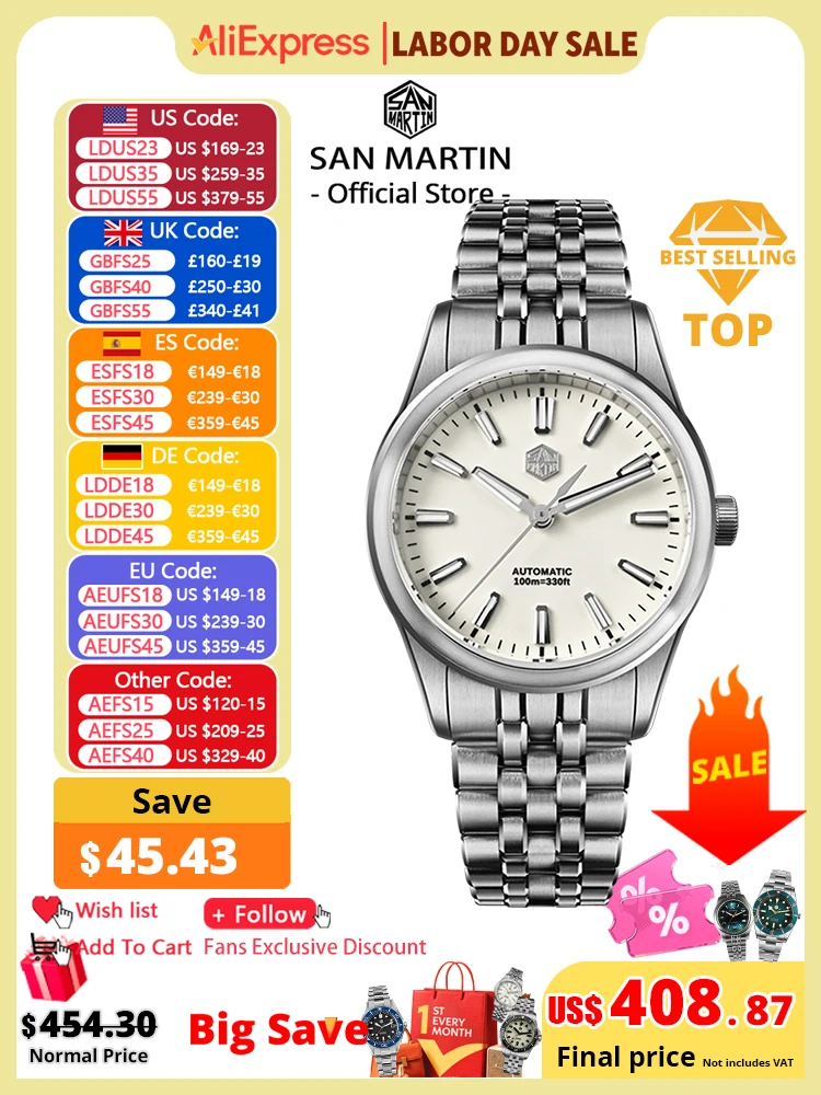 【¥55,450】サンマーチン 36mm ガダ エナメル白 自動巻 特別割引-アリエク特価アラート