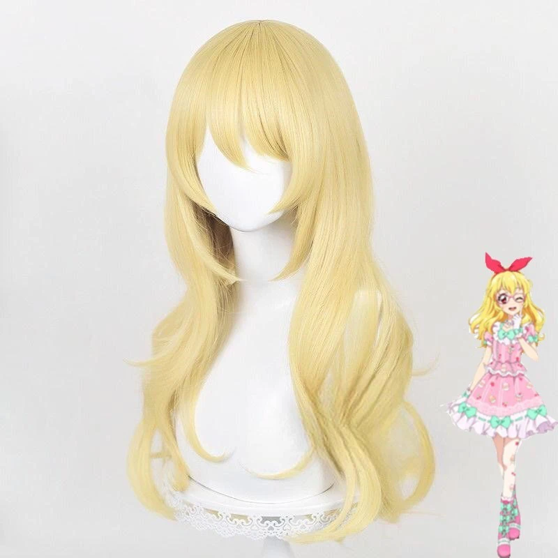 호시미야 이치고 코스프레 모델링 가발 애니메이션 아이카츠 히로인 역할 헤드기어 볼 여성 이브닝 드레스 매치 골든 롱 컬리 헤어