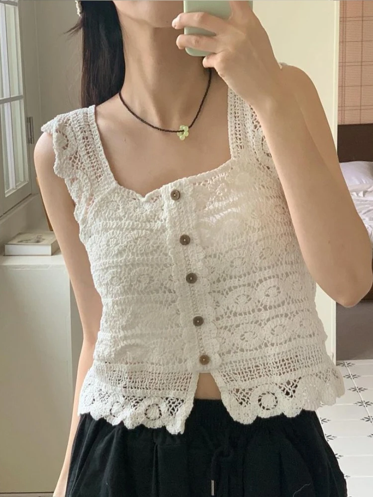 

Women's Knitted Hollow out Vintage Square Collar Single Button Cardigan Svel Top Chic Pure Desire Summer Faion