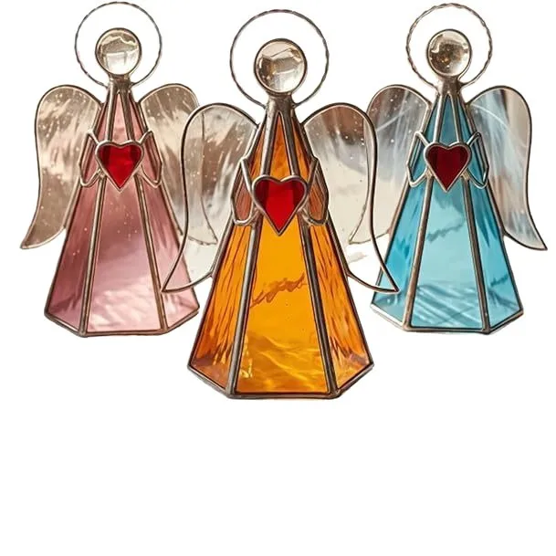 Stained Glass Angel Candle Holder, Handcrafted Glass Angel Tealight Holder with Red Heart for Home Wedding Decor