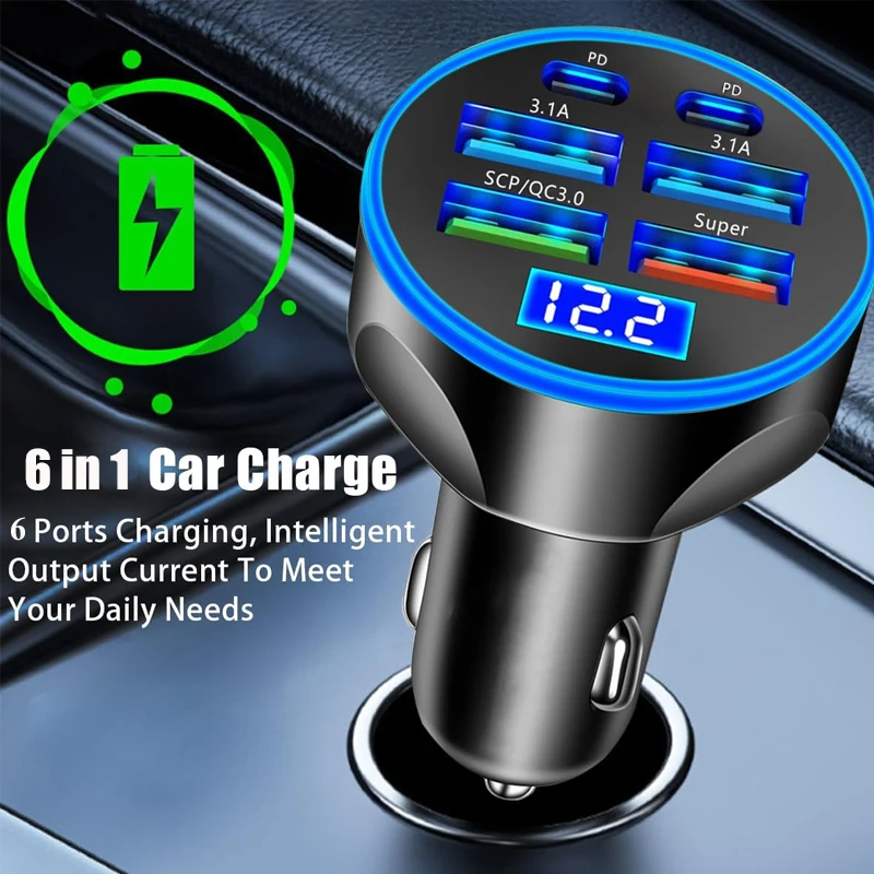 4 USB A and 2 PD USB C Car Charger Adapter Super Fast Charge with Voltage Monitor for iPhone Samsung OPPO Oneplus Huawei Vivo