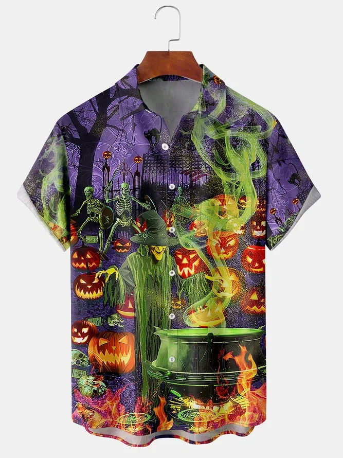 Men\'s Halloween Pumpkin and Skull Print Black Shirt Fashion Lapel Short Sleeve Hawaiian Shirt Halloween Party for Men