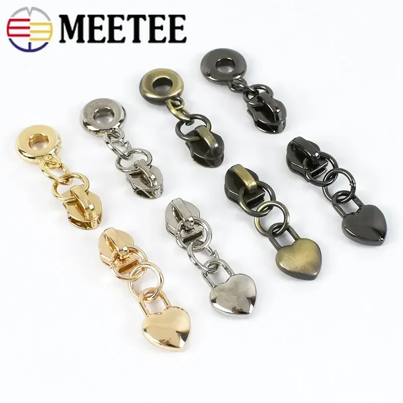 10/50Pcs Meetee Metal 3# Zipper Sliders for Nylon Zippers Heart Pendant Zips Puller Hometextile Zip Head Replacement Accessories