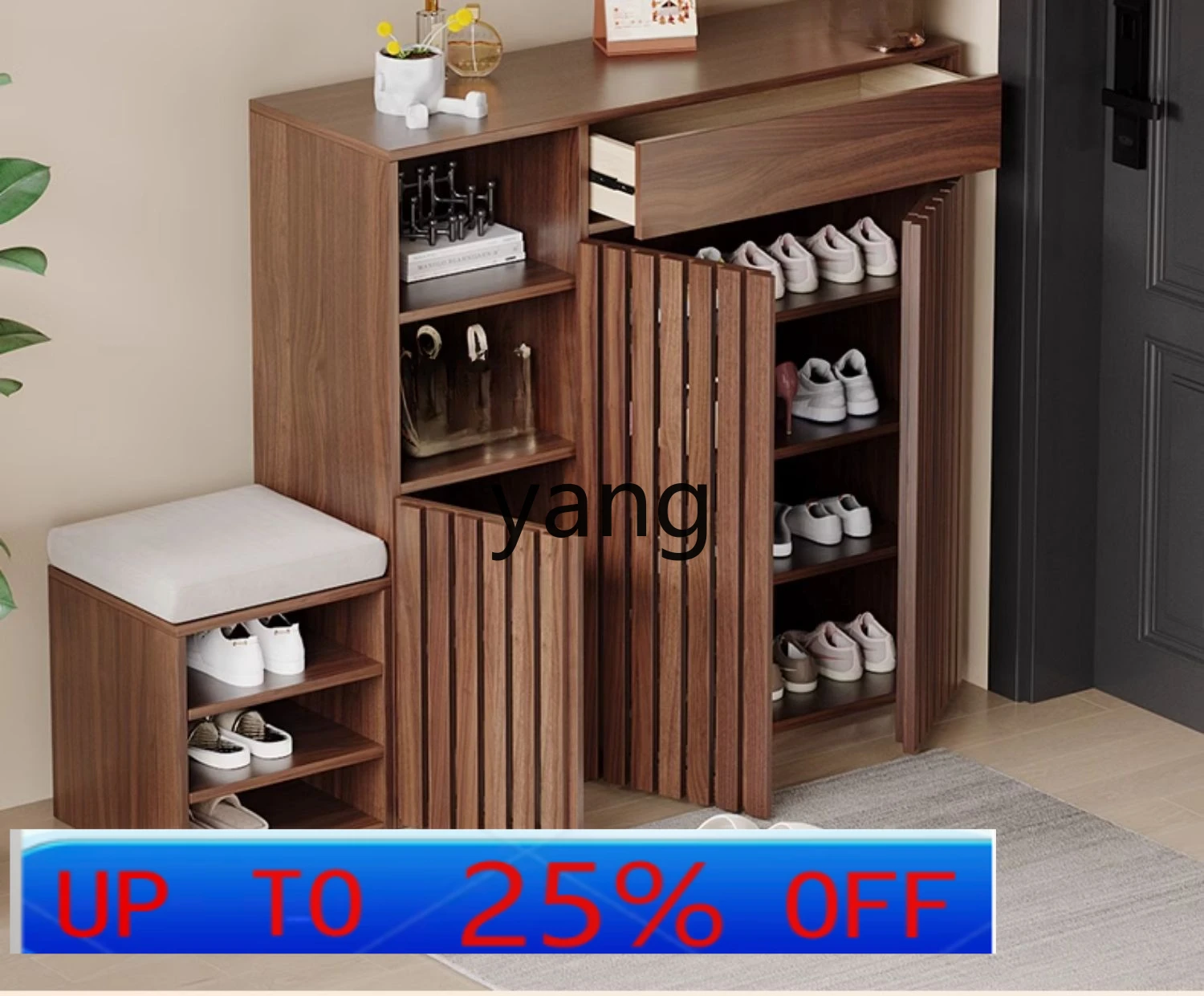 lmm solid wood shoe cabinet household large-capacity home with shoe changing stool