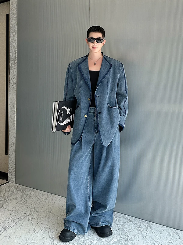 

Retro Hand-Painted Waed Denim Set Men's Sli Two-Piece Suit Lightweight Luxury Design Casual Youth Faion Spring Autumn