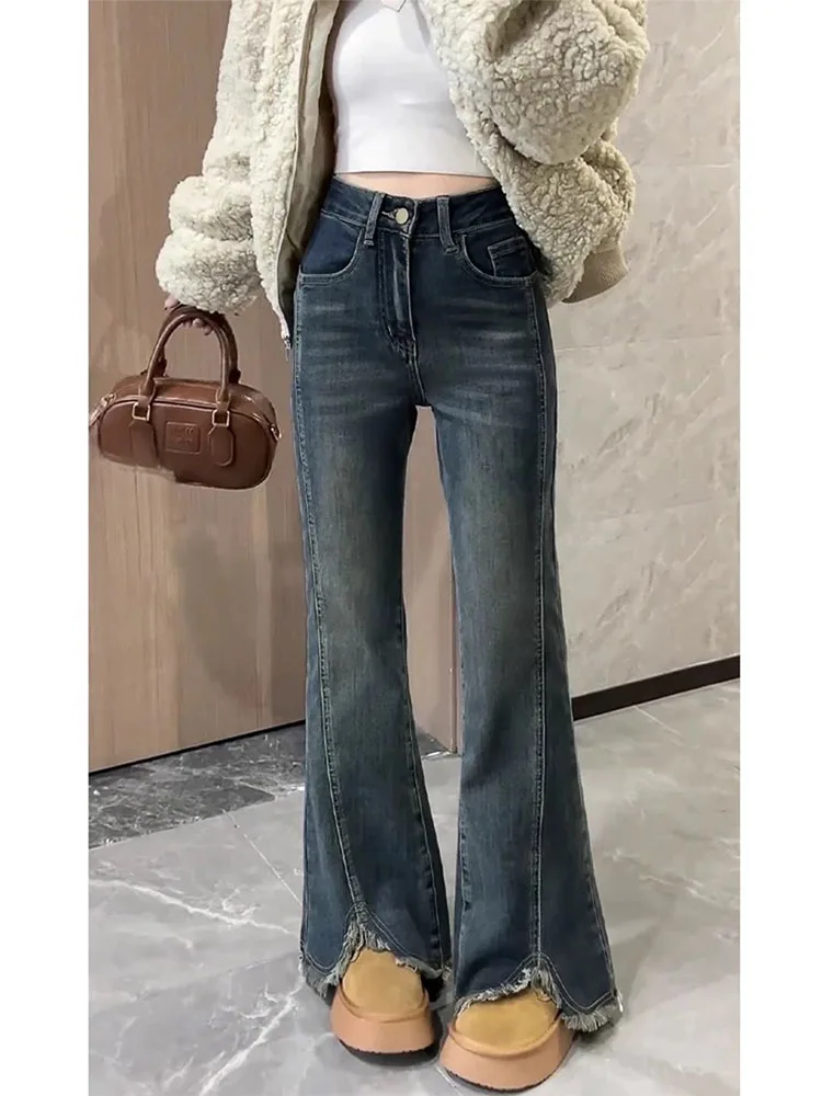 High Waist Flared Jeans Women's Stretchy Straight Leg Denim Pants Bootcut Floor-Length Trousers Autumn Faion plus Size