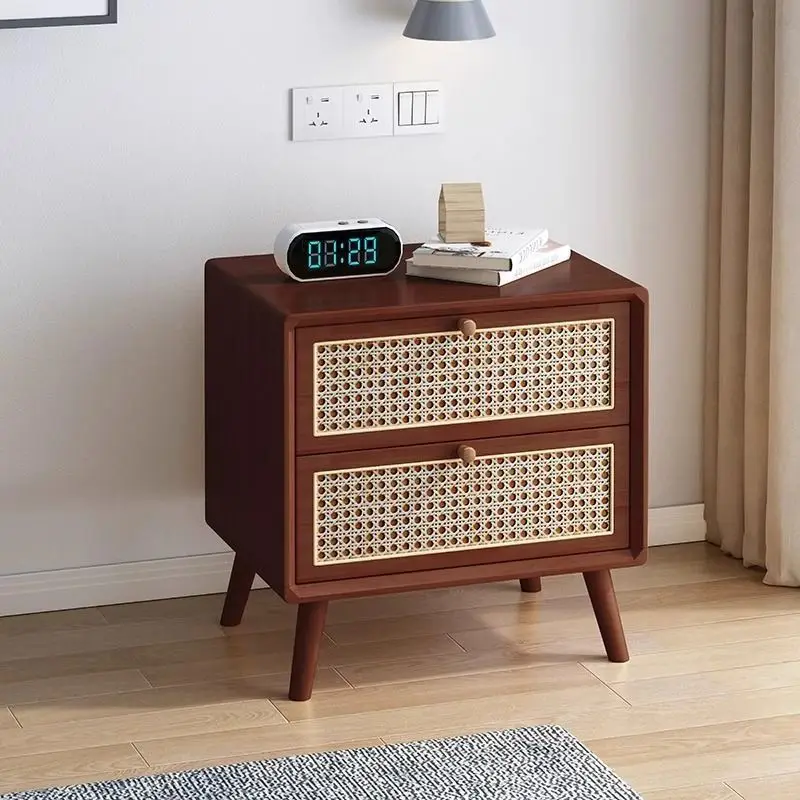 AOLIVIYA Cherry Rattan Solid Wood Nightstand Bedside Storage Cabinet Nordic Walnut Unit Table