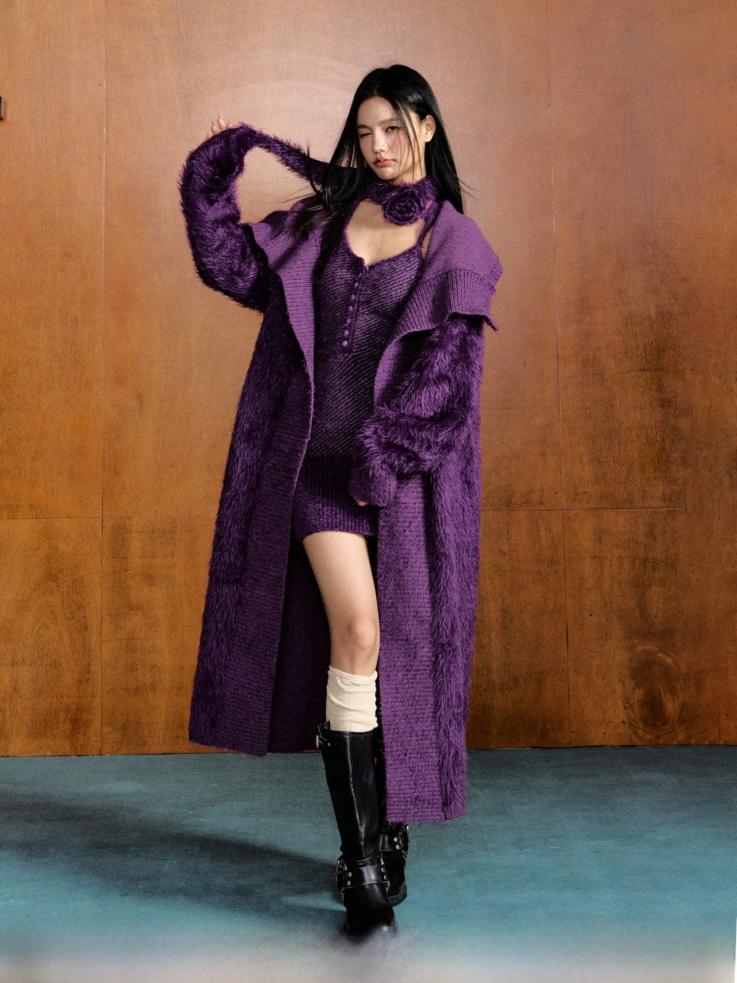 

AGAM Studio длинный вязаный свитер с перьями, кардиган, женский осенне-зимний комплект Faion с ремешком Pure Desire Spicy Girl Sle