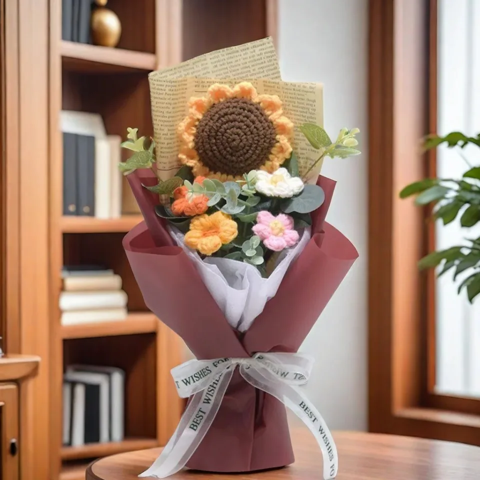 1pc Crochet Bouquet, Efun Handmade Sunflower Daisy Bouquet Valentine's Day Anniversary Wedding Mothers Day Birthday Gift 5