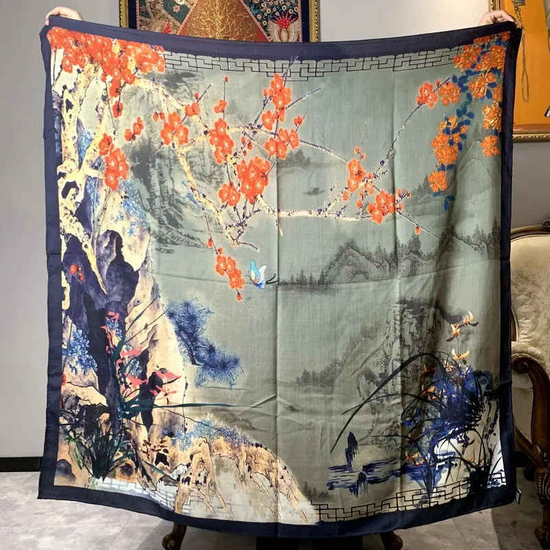 

High-end Elegant Women Exquisite Chinese Style Landscape Double-sided Print Quality Silk Wool Handrolled Edge Large Scarf Shawl