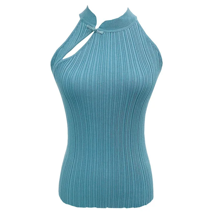 Elegancka kamizelka na lato 2024 w stylu chińskim, zapinana na guziki, z kołnierzykiem cheongsam, dopasowana, wyszczuplająca, podkreślająca ramiona, typu halter.