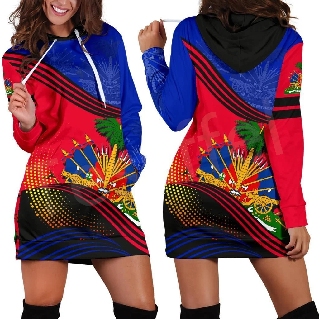 Haiti Flag 3d Women Hoodie Dress Custom Name Retro Harajuku 3d Printed Flag Pullover Casual Sexy Women Hoodie Dress