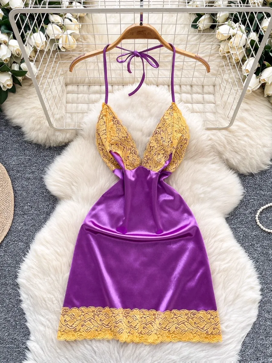 Foamlina celebridade vintage halter sling vestido feminino verão profundo decote em v renda guarnição cetim bodycon mini saia vestidos curtos