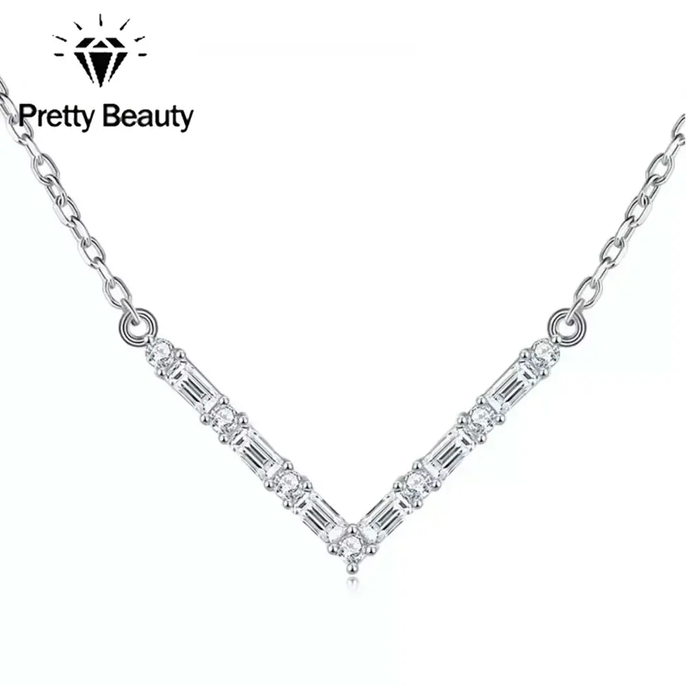 Pretty Beauty Moissanite V Shaped Necklace for Women 925 Sterling Silver Baguette Rectangle Diamond Chevron Necklace Jewelry