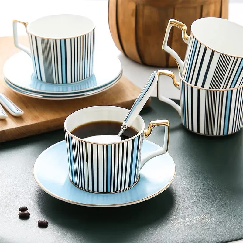 Striped Pattern Ceramic Tea Cup Saucer Set, Gold Trim Blue Accent Tableware, Stylish Home Coffee Cup Gift for Daily Use