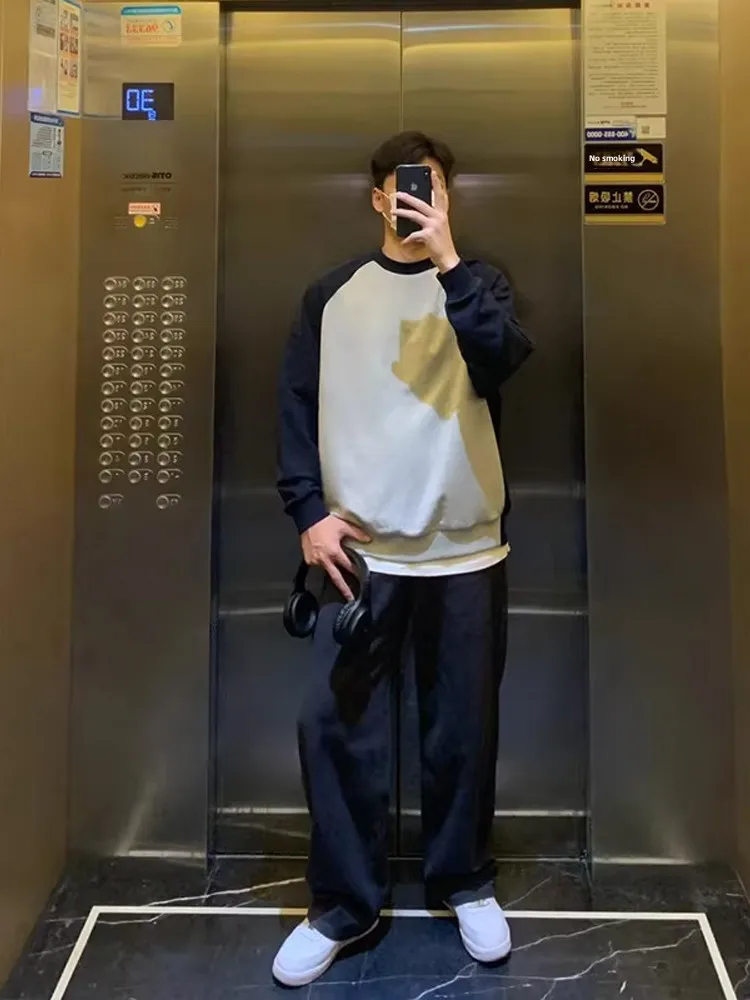 

Мужская толстовка в американском стиле свободного кроя с круглым вырезом, осенняя, с цветными вставками на плечах, повседневная, удобная, из хлопка