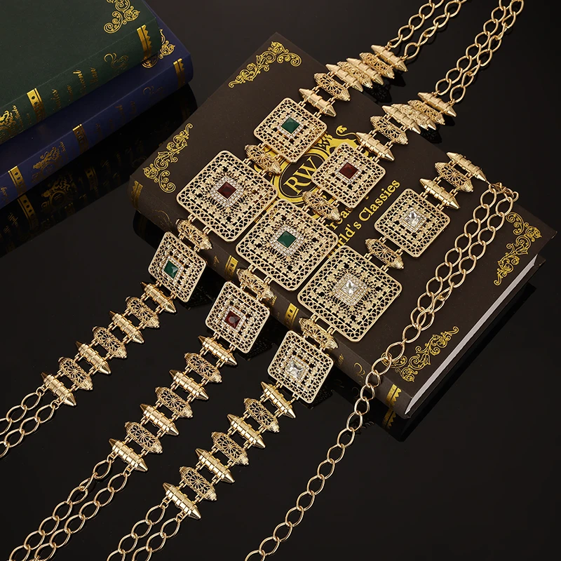 Arab Noble Square Crystal Hollowed-Out Metal Belt Retro European Ladies Wedding Jewelry Waist Chain Adjustable Length