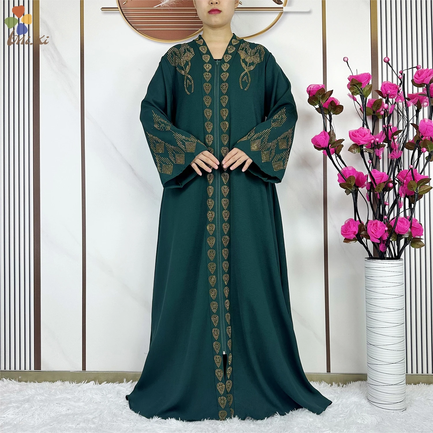 Open Style Muslim Prayer Dress for Women Abaya African Gold Rhinestone Long Cardigan Zipper Robe Dubai Islamic Clothing