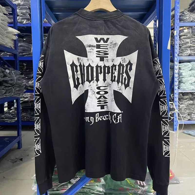 

Классическая футболка с длинным рукавом с логотипом креста West Coast Choppers для мужчин и женщин, хлопковая футболка высшего качества большого размера, винтажная потертая черная футболка