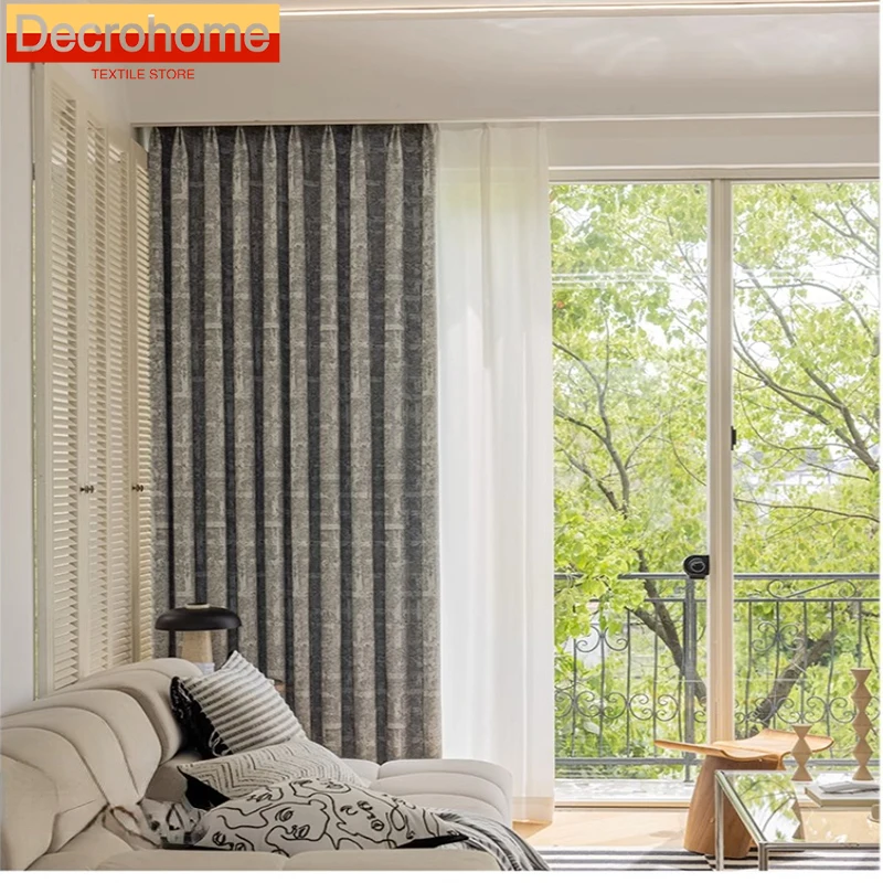 

Simple New Blackout Chenille Wabi-sabi Style Gray Study Floor-to-ceiling Window Bay Curtains for Living Dining Room Bedroom