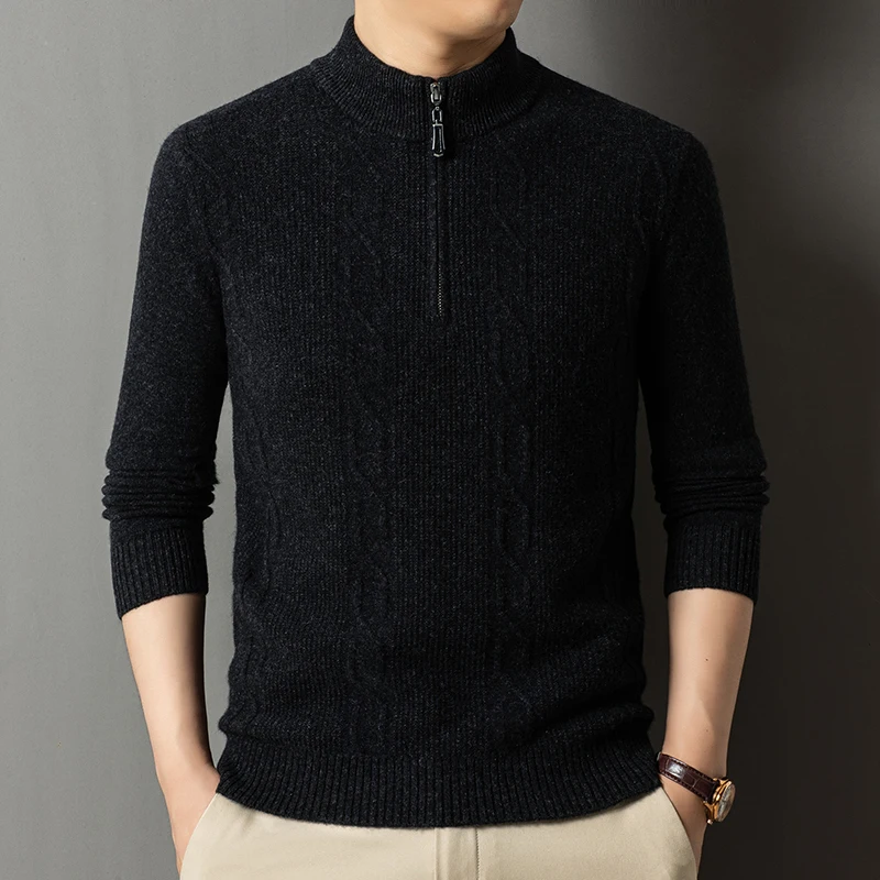 Twisted 100% ขนสัตว์ถักเสื้อสวมหัวผู้ชายอบอุ่นหนาฤดูใบไม้ร่วงและฤดูหนาวเสื้อกันหนาวครึ่งสูงซิปยืนปกสบายๆ