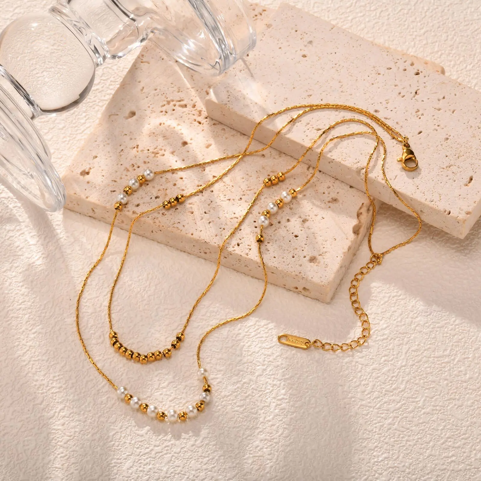 Beaded Stackable Chain Necklace, Stainless Steel Clavicle Multilayer Chain Pearl Jewelry for Women Christmas Gifts