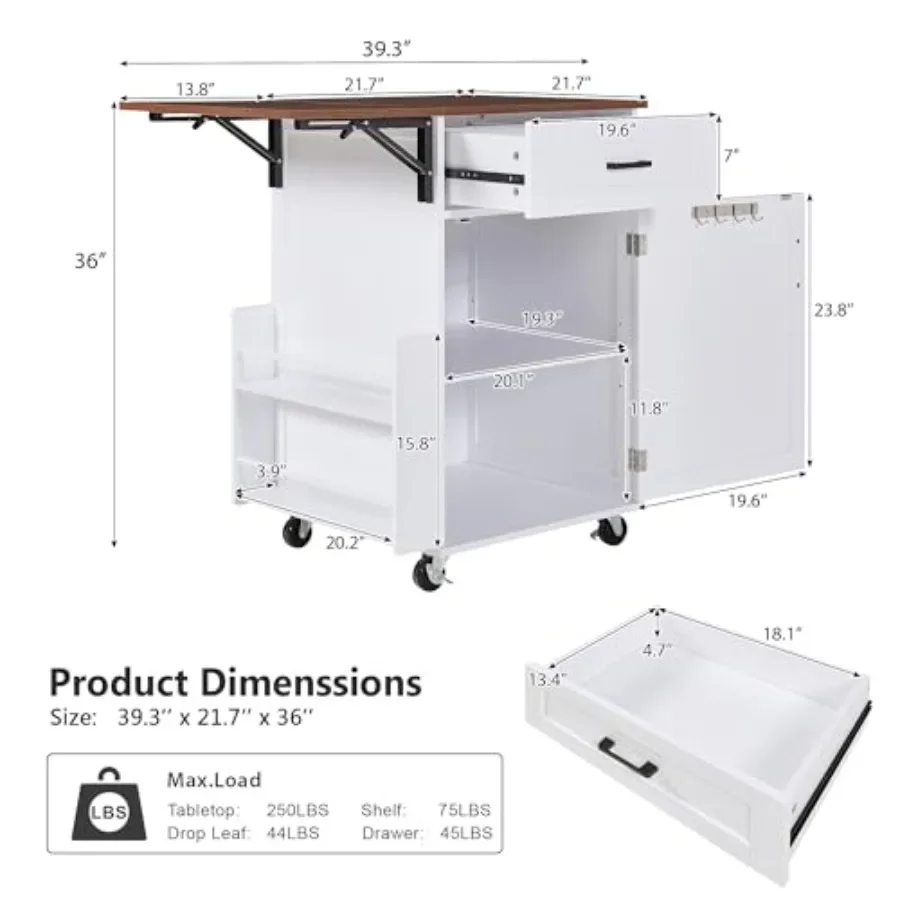 Farmhouse kitchen cart for small spaces: wood construction, white finish, drop-leaf design, side rack, one drawer, towel bar, l