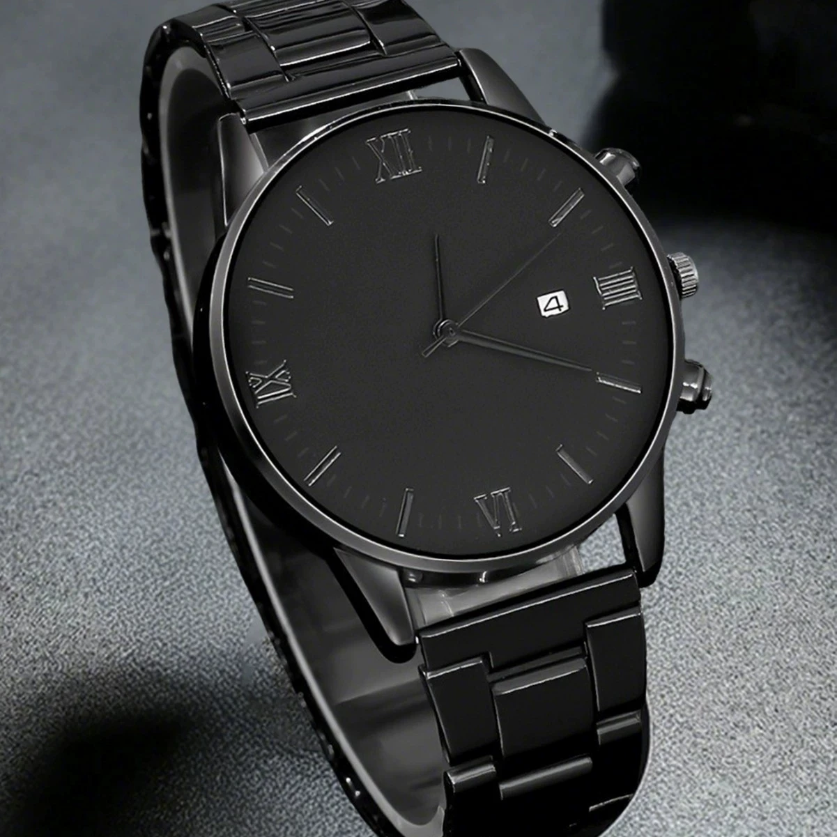 4pcs/set, 2024  Men's Simple Pointer Round Black Calendar Quartz Watch and Black Cross Pendant Necklace, Ring, Bracelet (NO BOX)