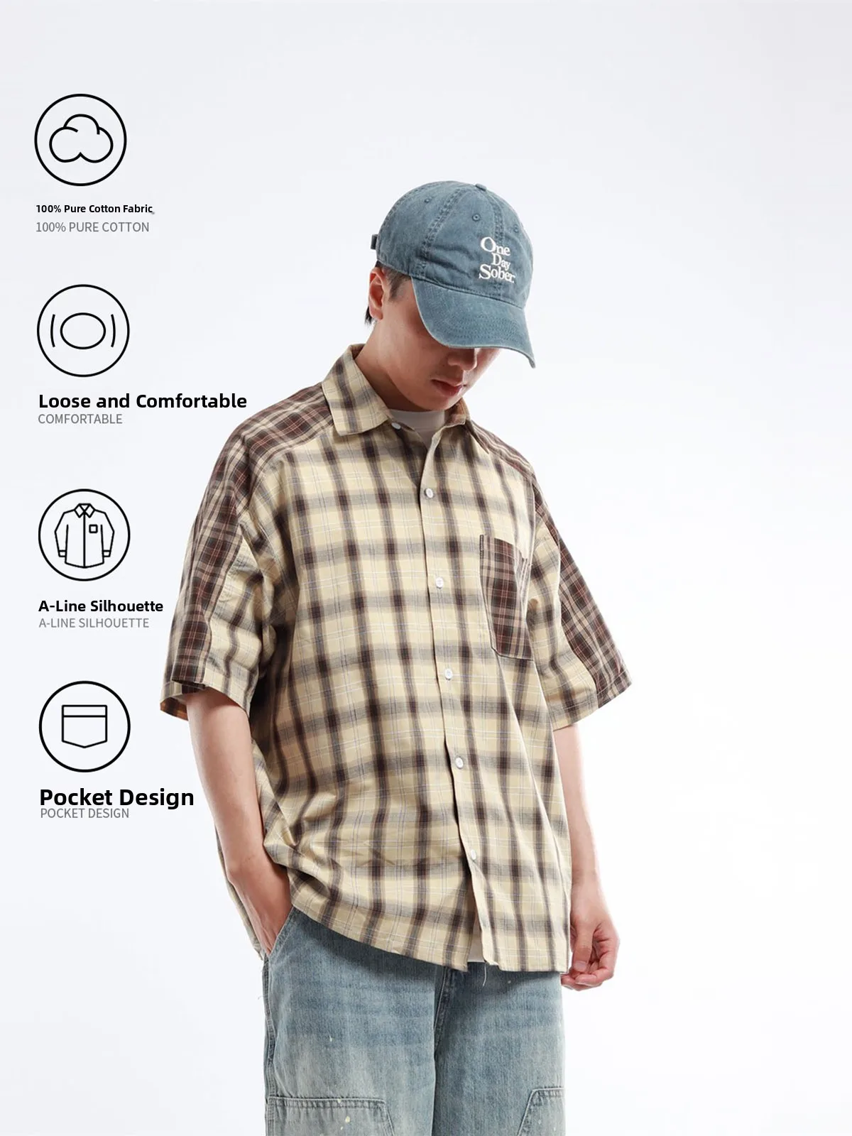 Summer New Men's Casual Loose Plaid Shirt Cityboy Turn-down Collar Block Pattern Long Sleeve Cotton Plain Fashion Shirt