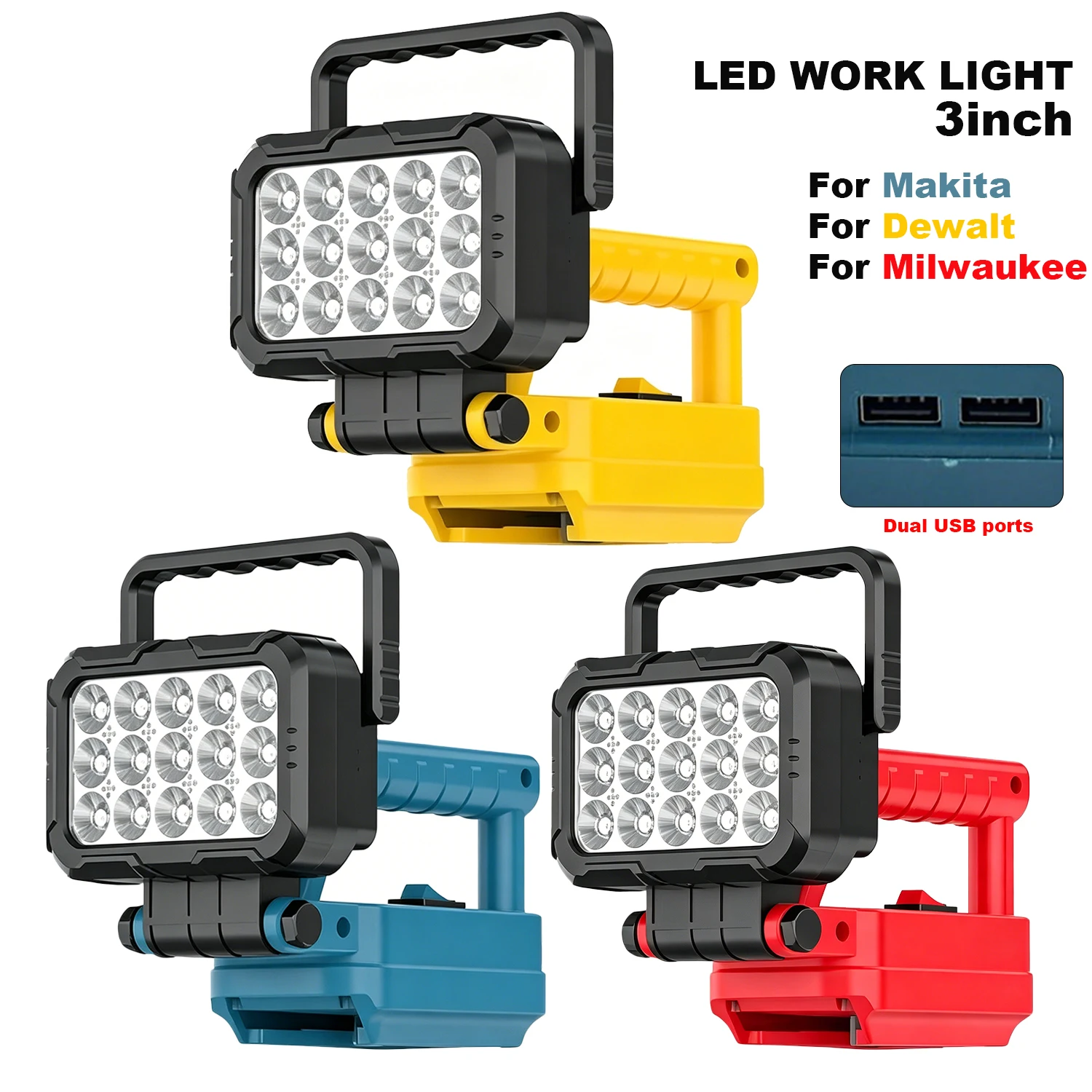 For Makita/Dewalt/Milwaukee 14.4V 18V Li-ion battery 3 inch with Dual USB Hook Lamp Hand Lantern Spotlight(No battery)