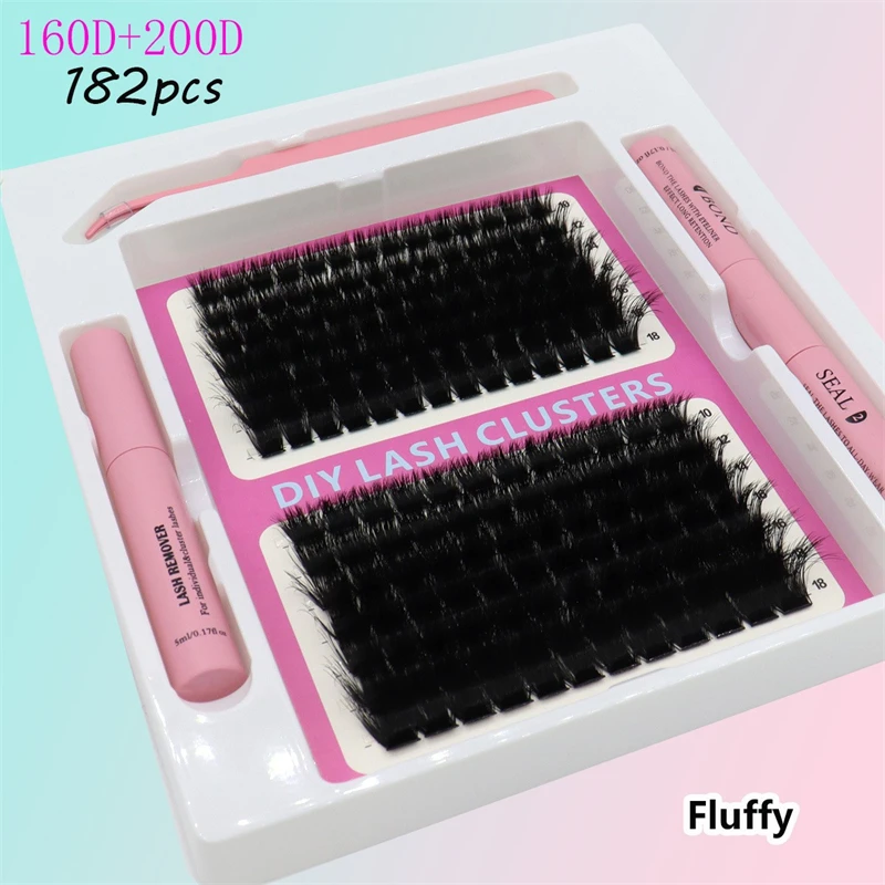 ขนตาปลอมแบบ D Curl Clusters 40D-200D พร้อมชุดกาวแบบถอดได้ ที่หนีบกาวสำหรับต่อขนตา