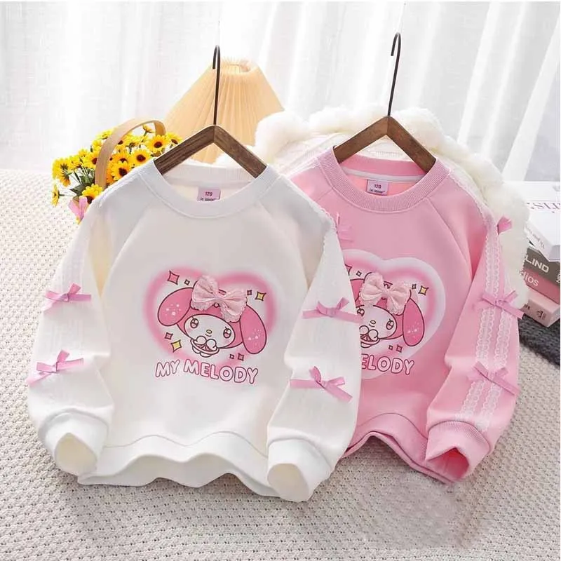 Spring and Autumn New Girl's Lovely My Melody Loose Hoodies Girls' Cartoon Trend Print Long Sleeve Side Bowknot Design Girls Top