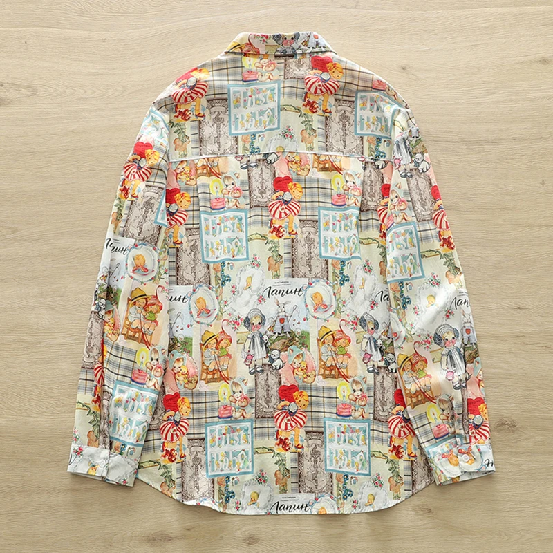 Spring Autumn Women Casual Sweet Cartoon Baby Printed Shirt Turn Down Collar Long-sleeved Cotton Kawaii Blouse Blusa U253