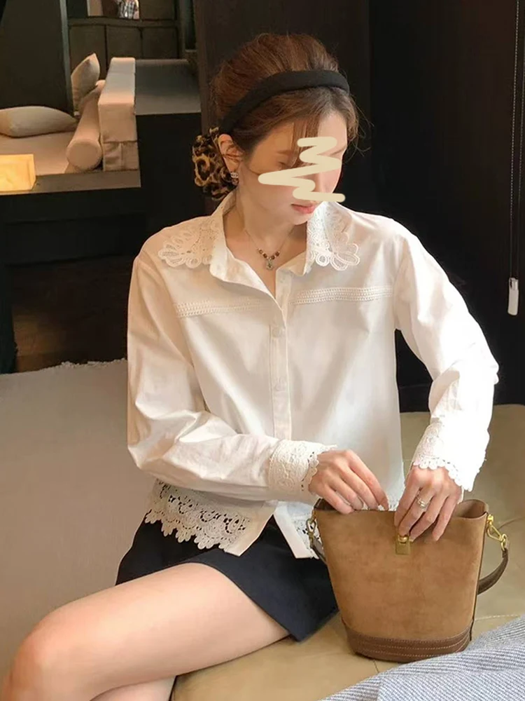 

Mimius French Style Cotton Long Sleeve Lace Trim Shirt Women Summer Creamy White Versatile Top Breathable Sunscreen Thin