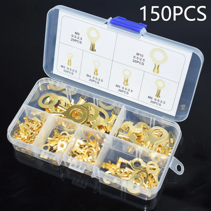 150pcs Boxed Terminal Block Wire Connector M3/M4/M5/M6/M8/M10 O-type Ground Lugs Terminal Cold-Pressed Copper Tab Wiring Nose