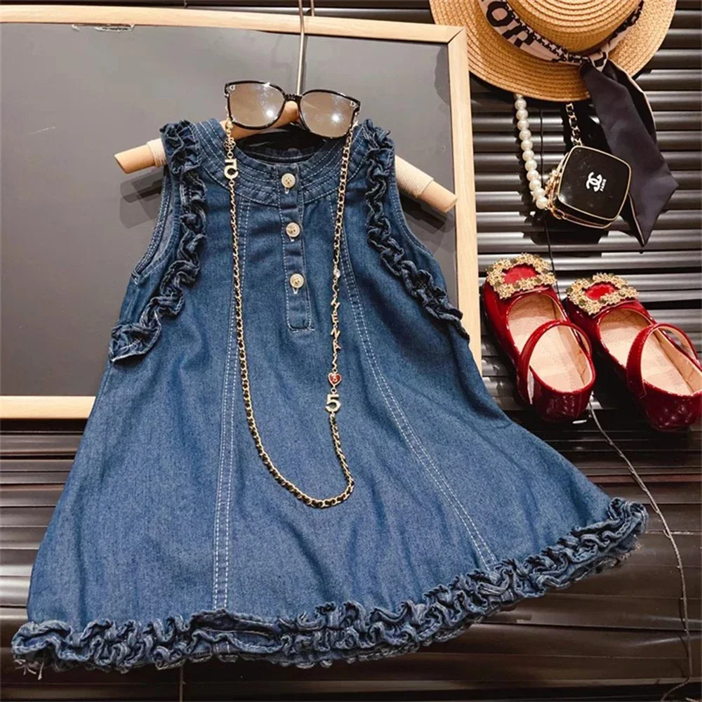 Korean Version Fashionable Casual Girls' Clothes for Children Aged 2-7 Pleated Single Breasted Sleeveless Denim Dress for Summer