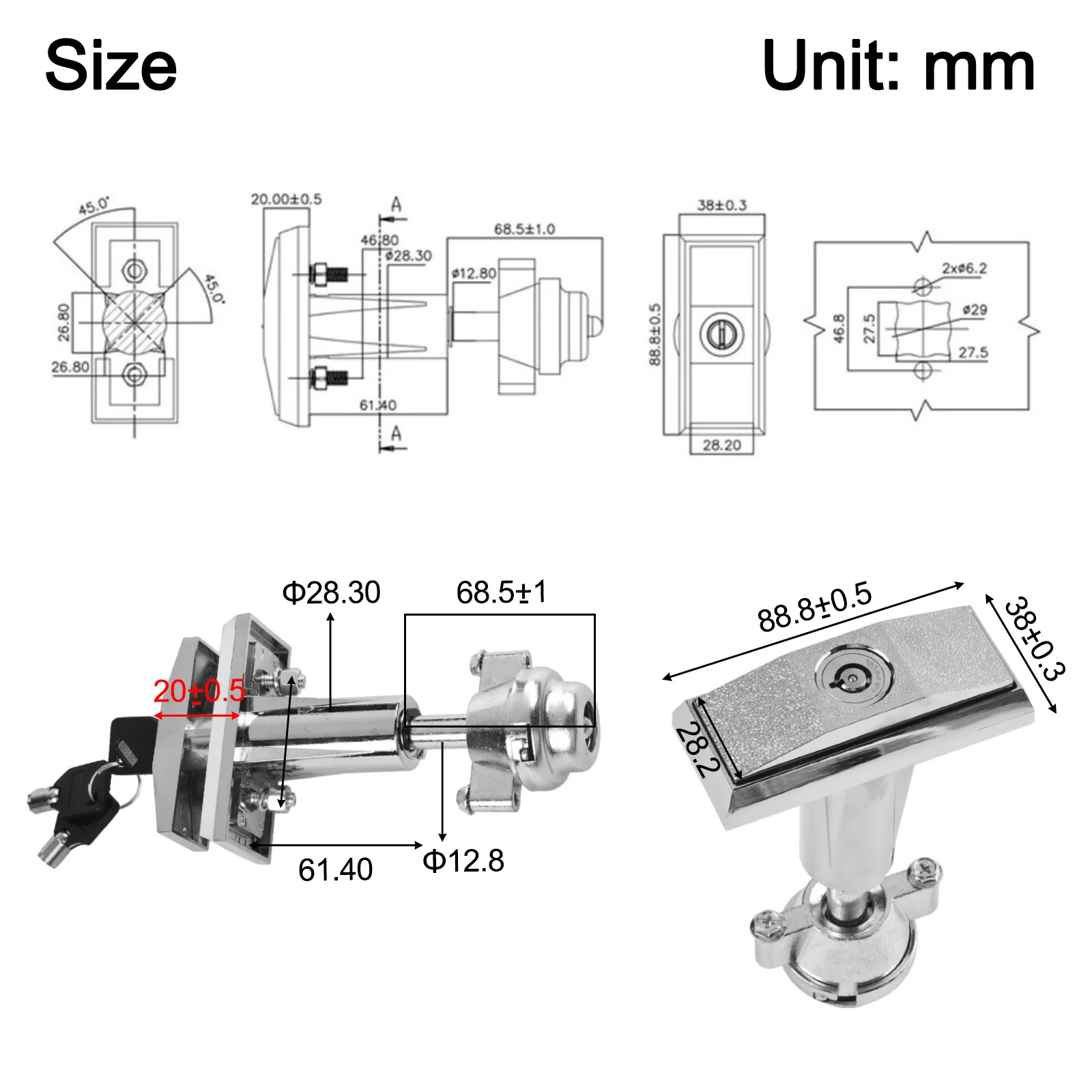 Security Lock for Vending Machines with Key Zinc and Aluminum Alloy Ttype Lock for Snack Coffee Car Wash and Water Machines
