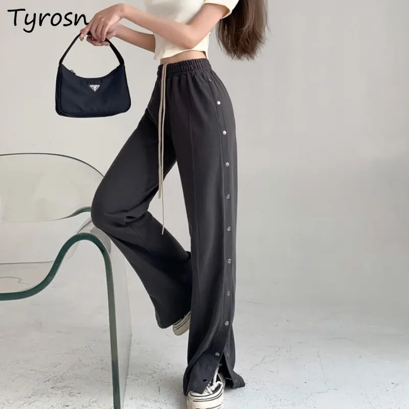 

Pants Women Simple Leisure All-match Loose Autumn Sporty Slit Daily Fashion Solid Design High Waist Elegant Straight Tender Cozy